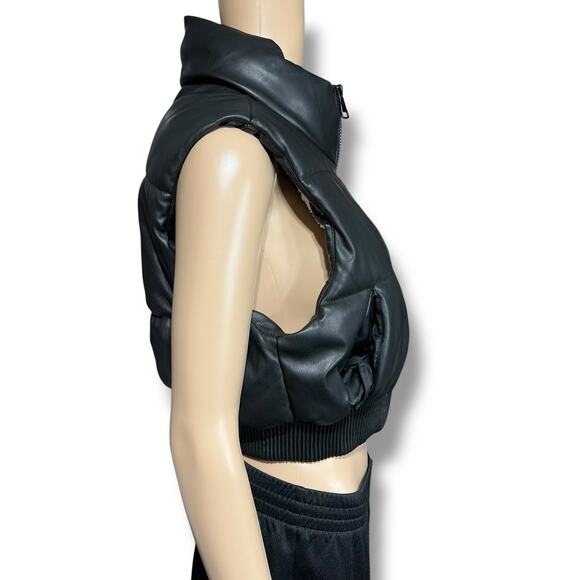 Ci Sono by Cavalini Womens Faux Leather Puffer Vest Sherpa Lined Crop Black Med - Picture 3 of 12